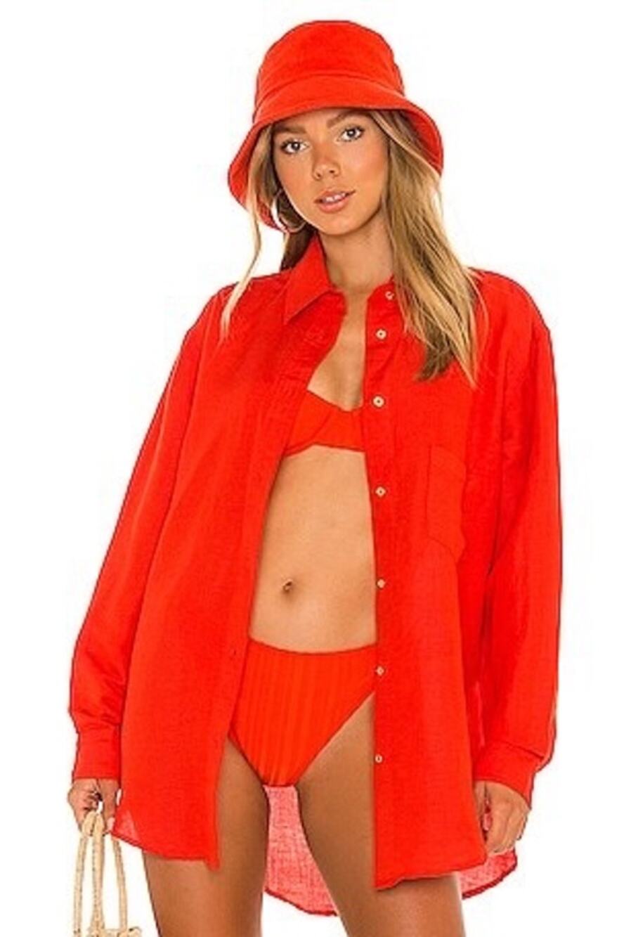 Solid & Striped The Oxford Tunic Linen Button Up Shirt in Candy Red Size Small